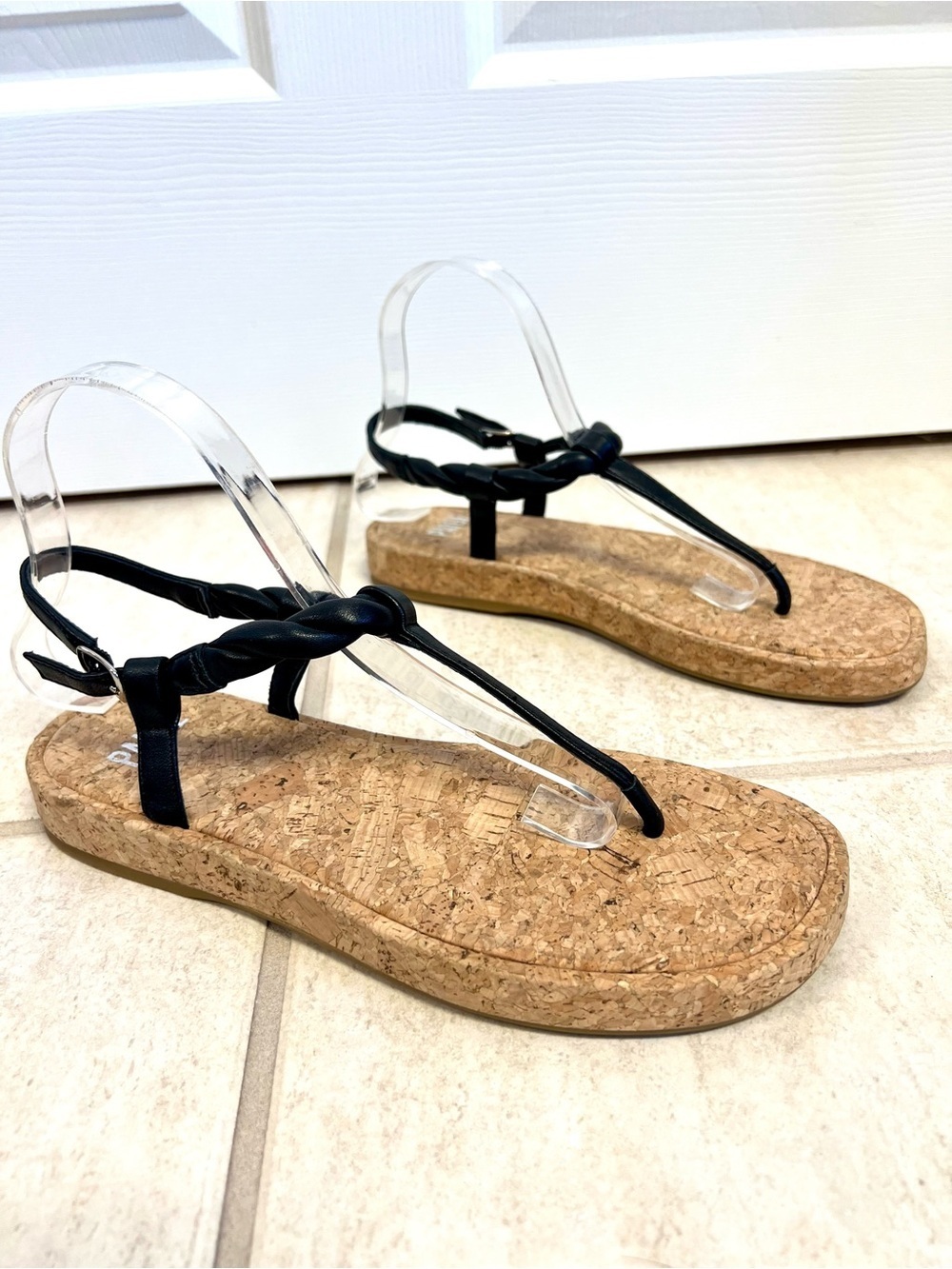 PAIGE black leather Dawn twisted strap thong sandals cork soles womens size 8M